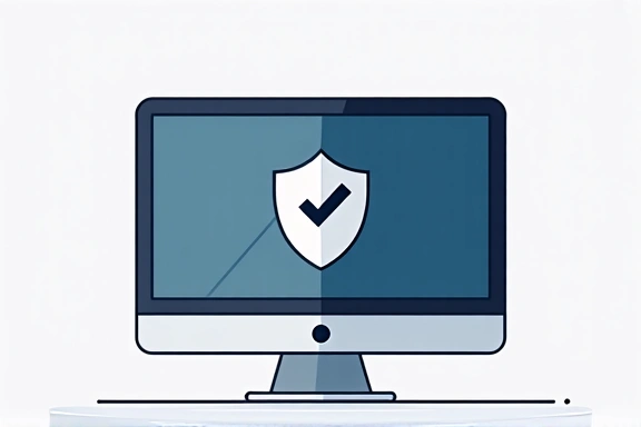 Ilustrație a unui calculator cu un simbol de scut pe ecran, reprezentând securitatea datelor și protecția online