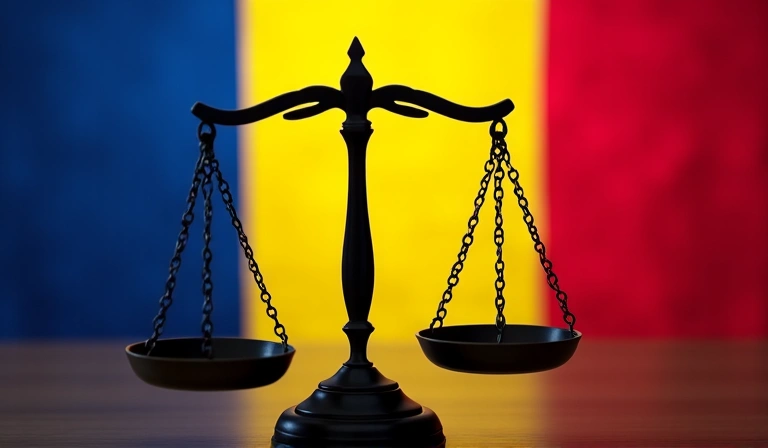 Imagine cu o balanță a justiției și un steag al României